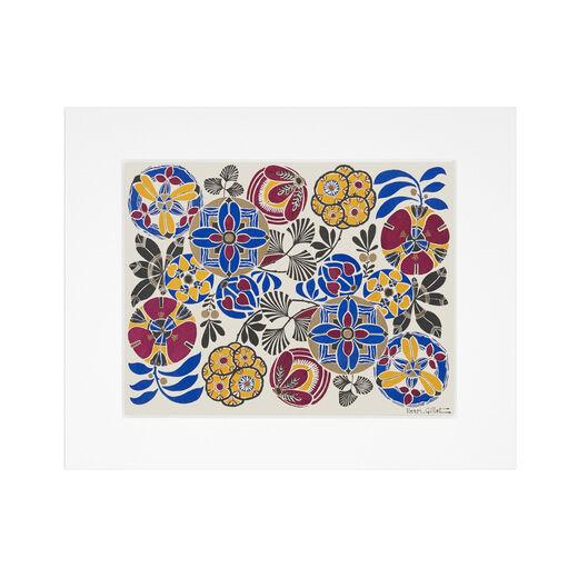 Colourful print featuring a floral pattern, mounted in white.